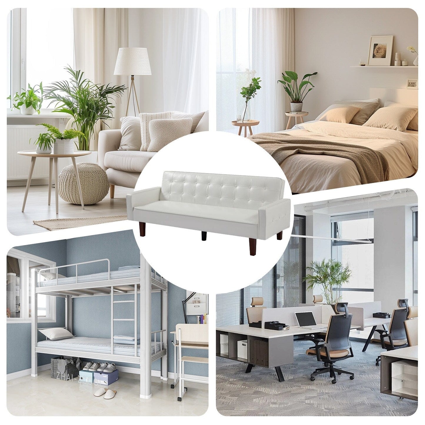 Divano letto futon in similpelle da 74" di metà secolo, divano trapuntato a bottoni, 3 posti, per soggiorno, camera da letto