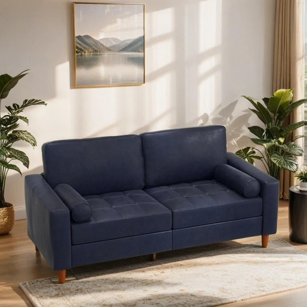 Divano in pelle di metà secolo con cuscino comfort cucito a mano e cuscini di supporto