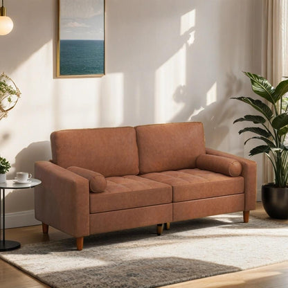 Divano in pelle di metà secolo con cuscino comfort cucito a mano e cuscini di supporto