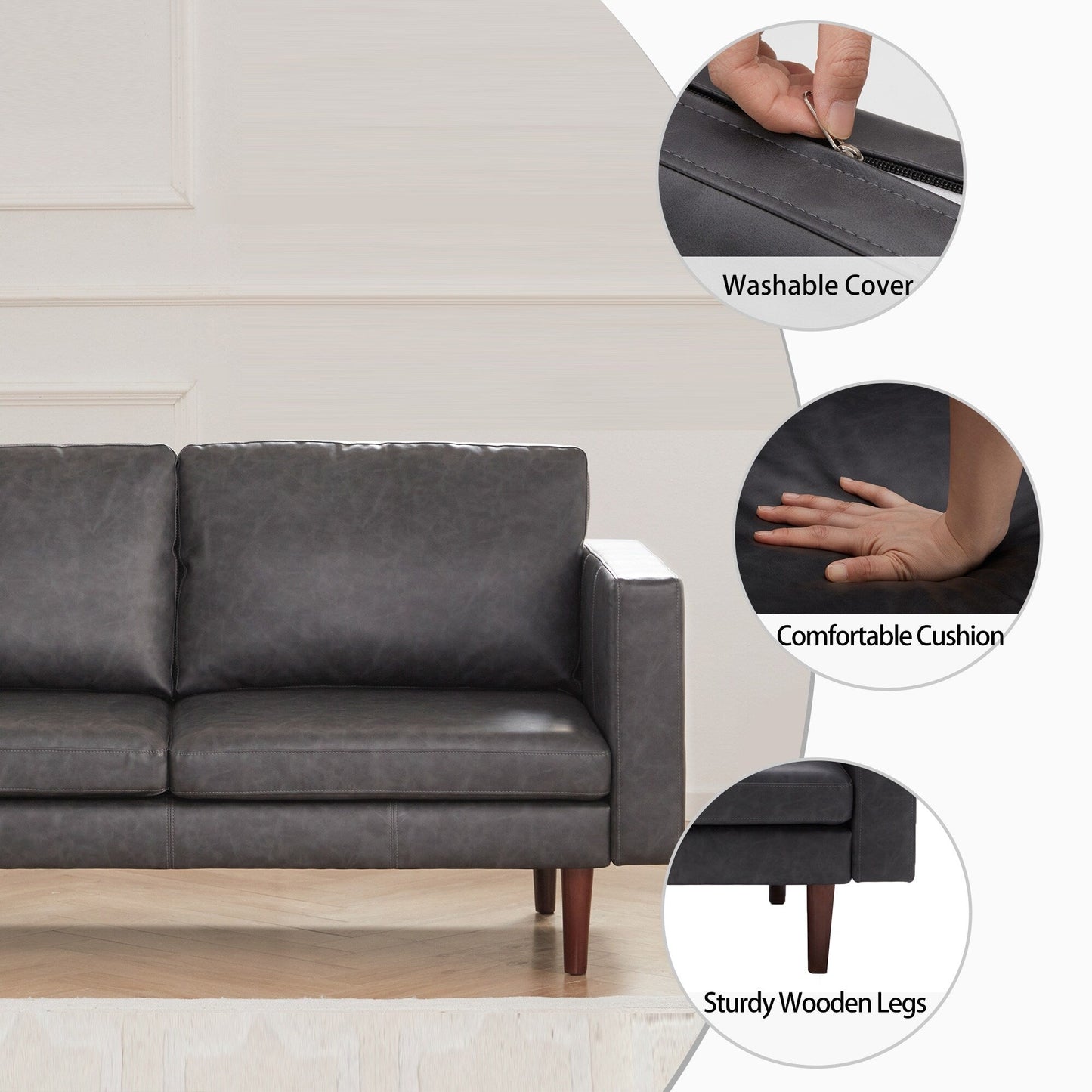 Divani a due posti in similpelle Mid-Century Modern 65 con struttura in legno massello e cuscino imbottito per soggiorno