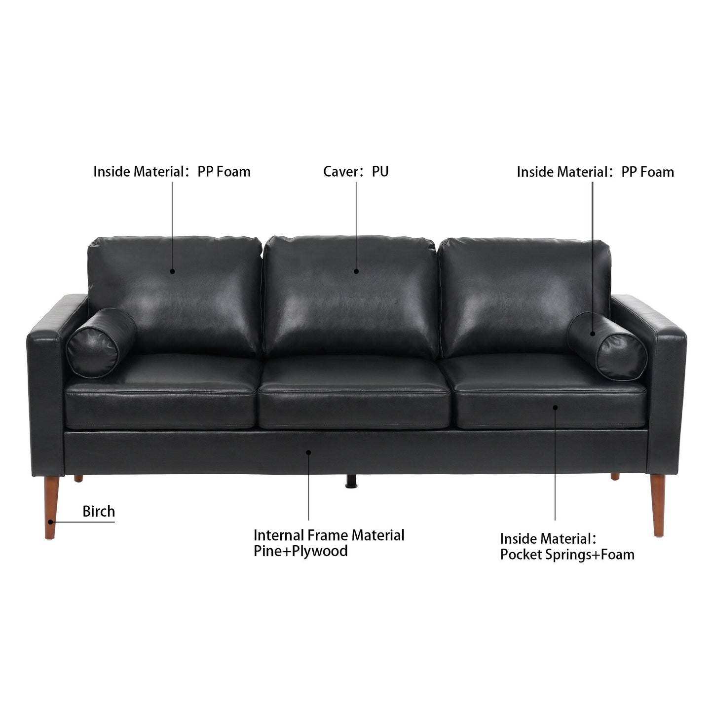 Divano a 3 posti Mid Century Modern 76.7 in PU con struttura in ferro e legno per soggiorno