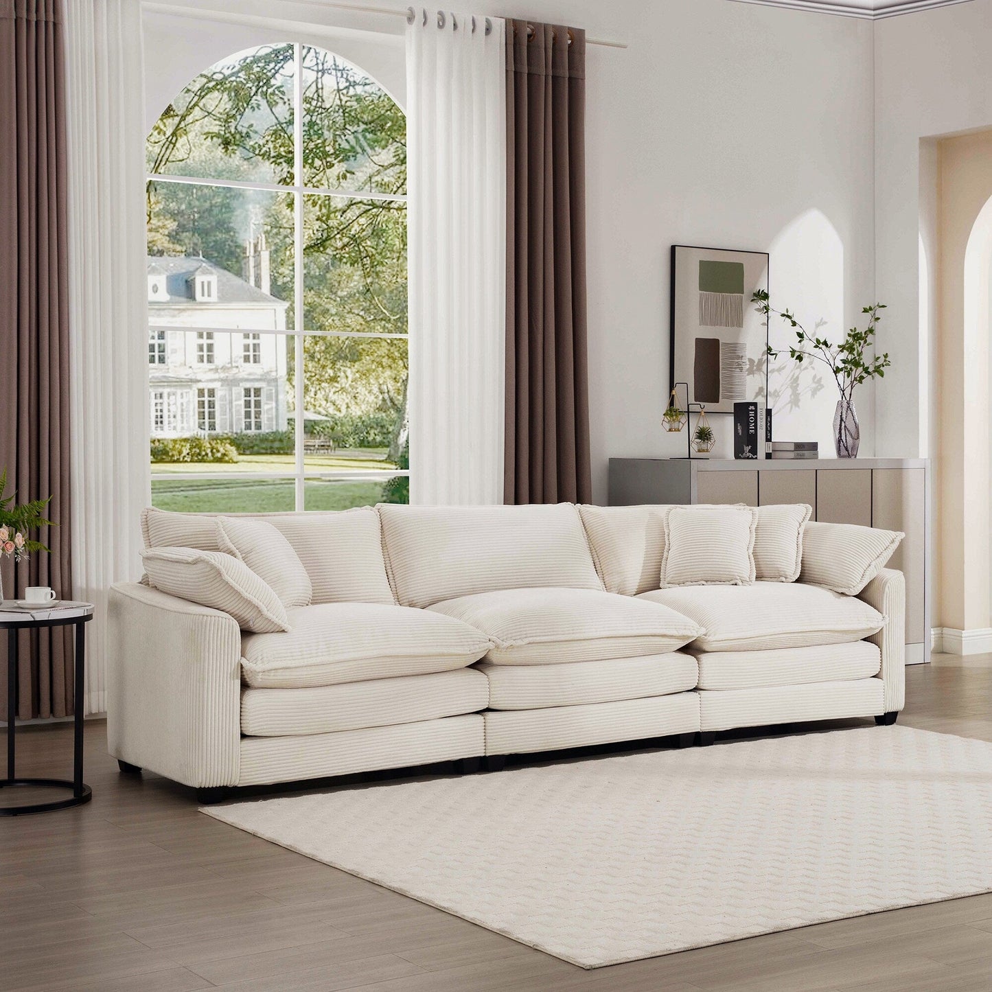 Divano componibile modulare a 3 posti in velluto a coste moderno di metà secolo con 2 braccioli e 3 cuscini decorativi per il soggiorno