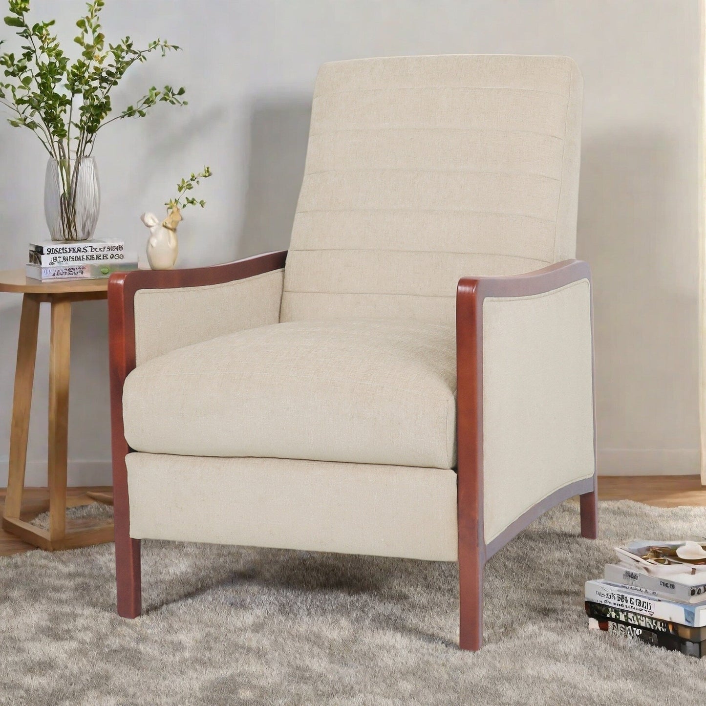 Poltrona reclinabile pushback in stile moderno di metà secolo con cuciture a canale e struttura in legno di betulla