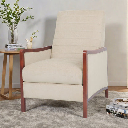 Poltrona reclinabile pushback in stile moderno di metà secolo con cuciture a canale e struttura in legno di betulla