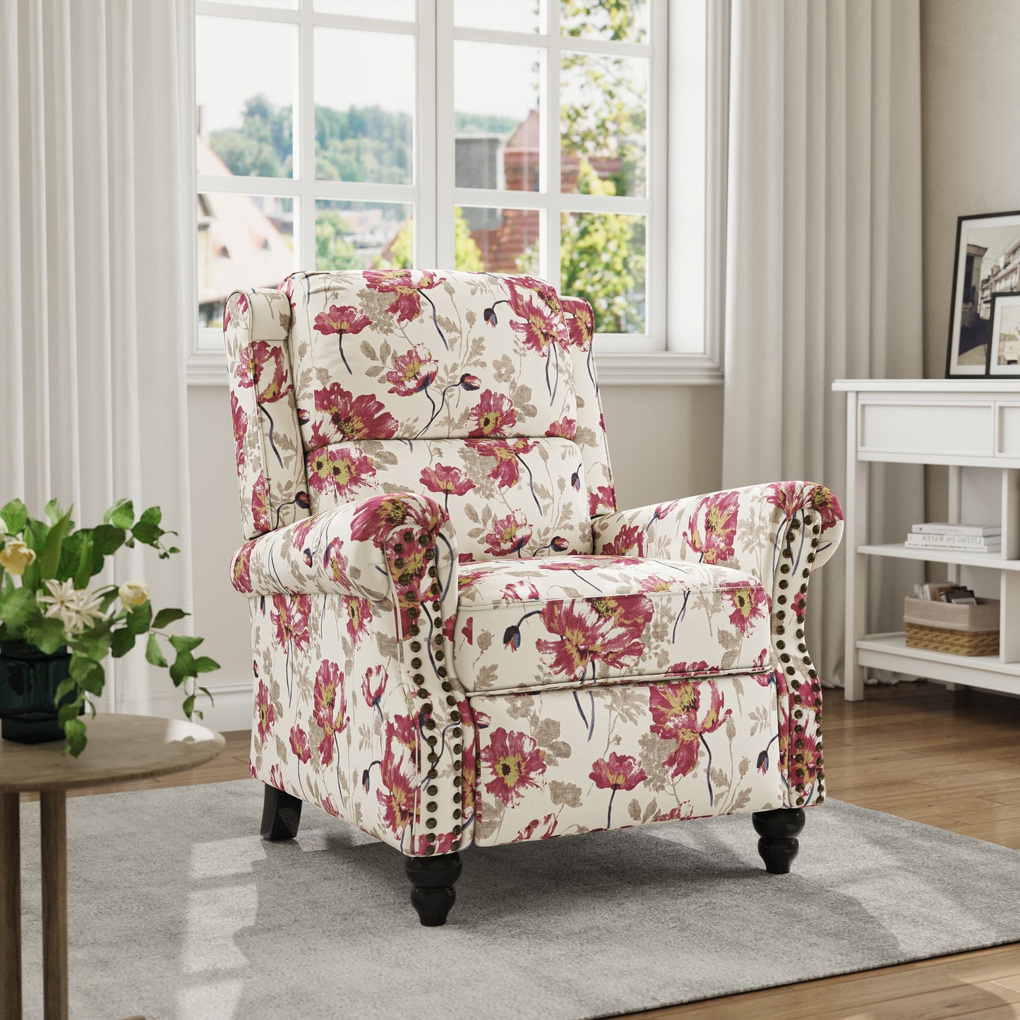 Poltrona reclinabile in lino e pelle sintetica con borchie di metà secolo