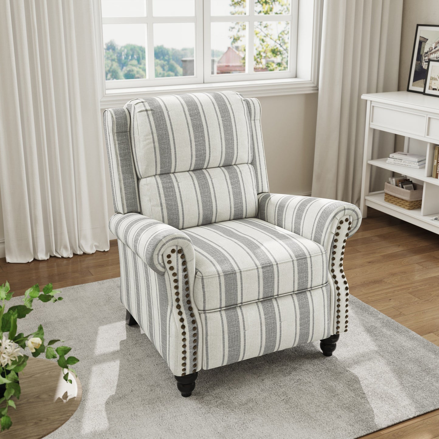 Poltrona reclinabile in lino e pelle sintetica con borchie di metà secolo