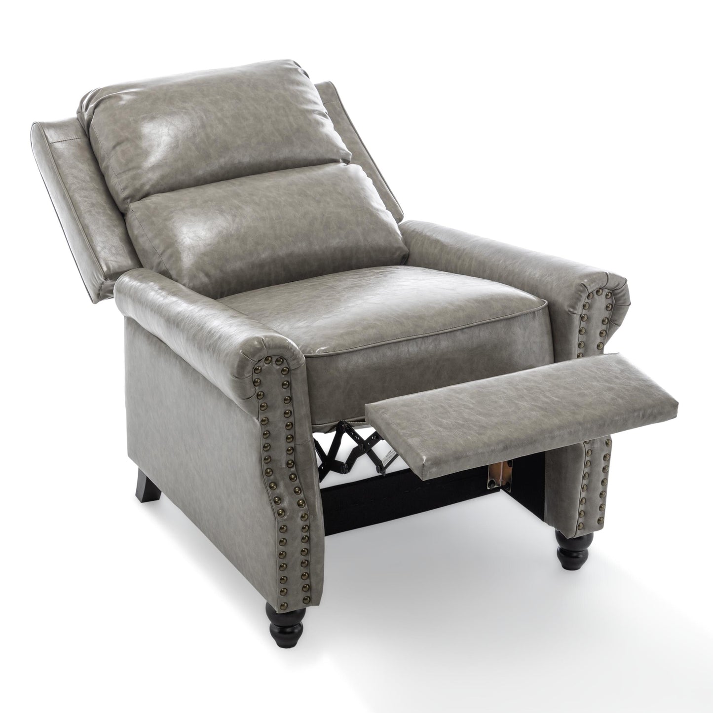 Poltrona reclinabile in lino e pelle sintetica con borchie di metà secolo