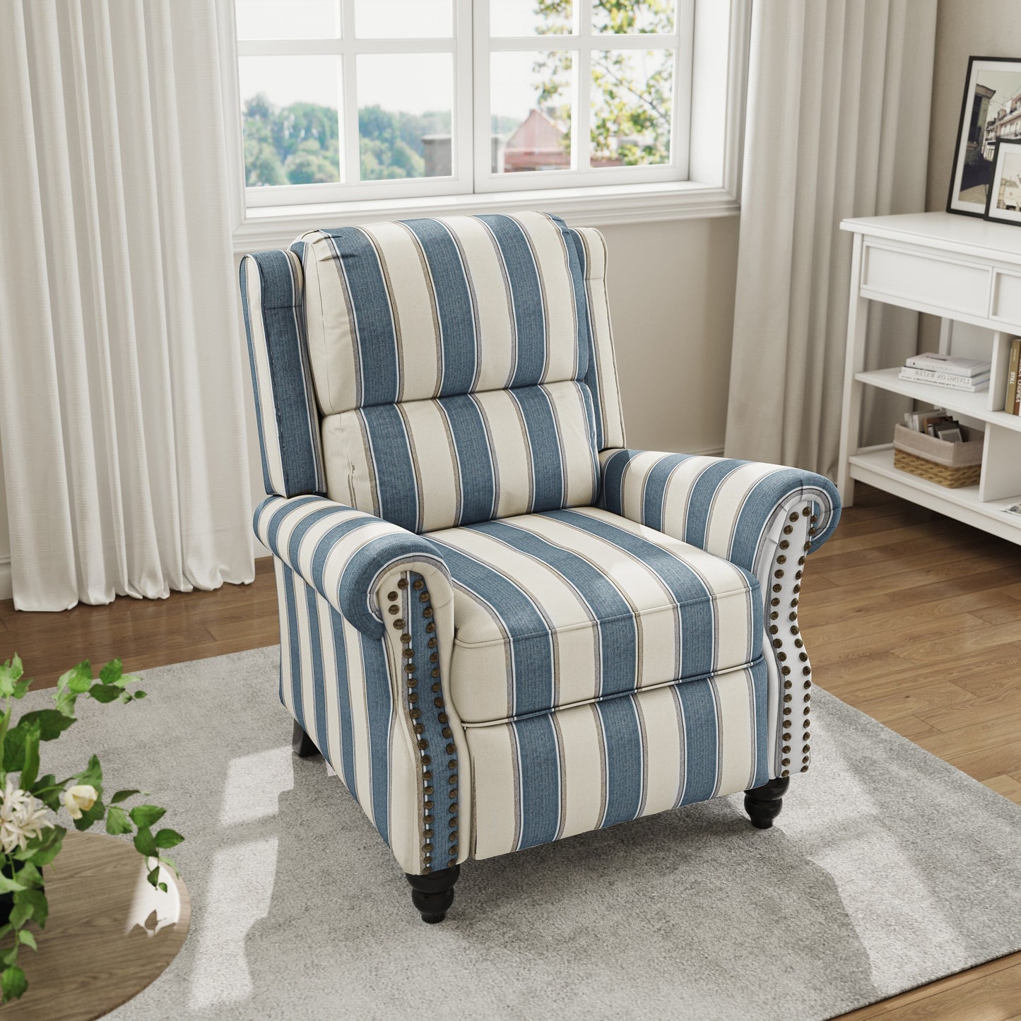 Poltrona reclinabile in lino e pelle sintetica con borchie di metà secolo