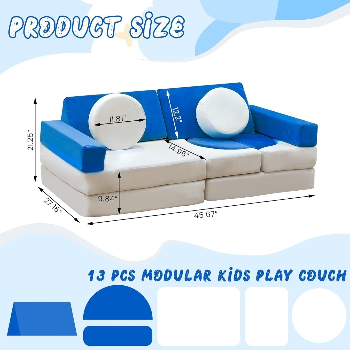 Divano modulare Mieres, divano da pavimento staccabile per soggiorno, mobile trasformabile per sala giochi creativa con cuscino decorativo