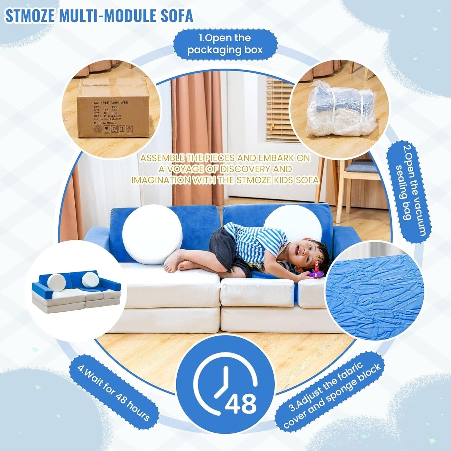 Divano modulare Mieres, divano da pavimento staccabile per soggiorno, mobile trasformabile per sala giochi creativa con cuscino decorativo