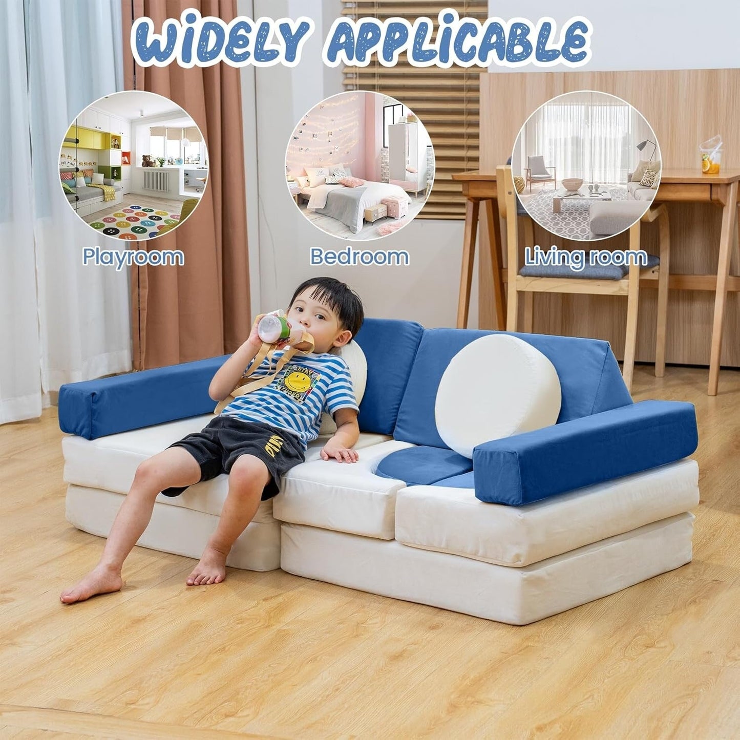 Divano modulare Mieres, divano da pavimento staccabile per soggiorno, mobile trasformabile per sala giochi creativa con cuscino decorativo