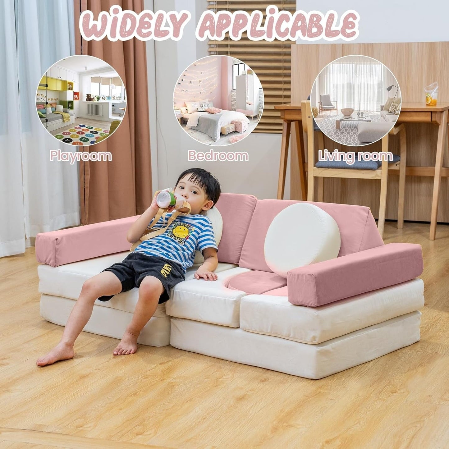 Divano modulare Mieres, divano da pavimento staccabile per soggiorno, mobile trasformabile per sala giochi creativa con cuscino decorativo