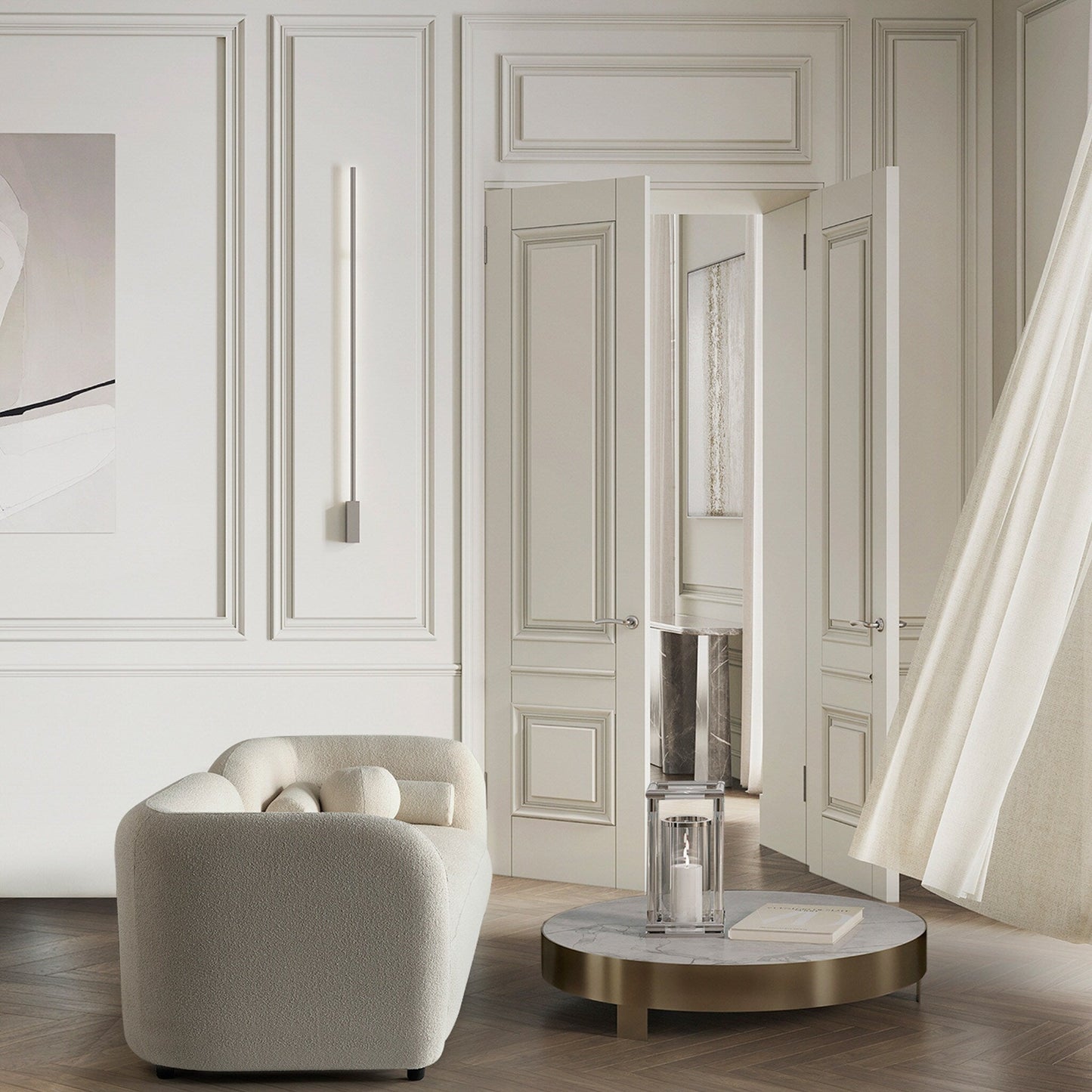 Divano moderno di lusso Milet con braccioli curvi in ​​tessuto bouclé