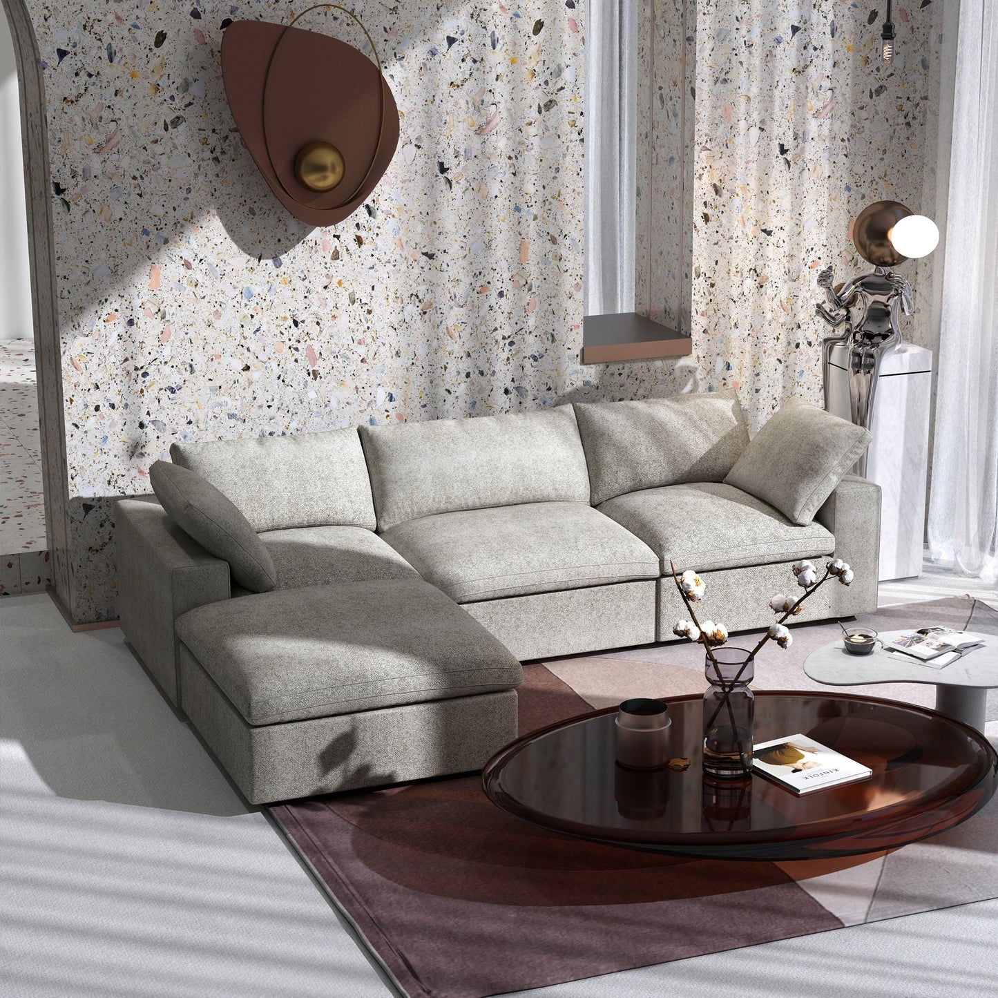 Divano moderno minimalista imbottito, divano componibile modulare imbottito in piuma, divano Cloud.