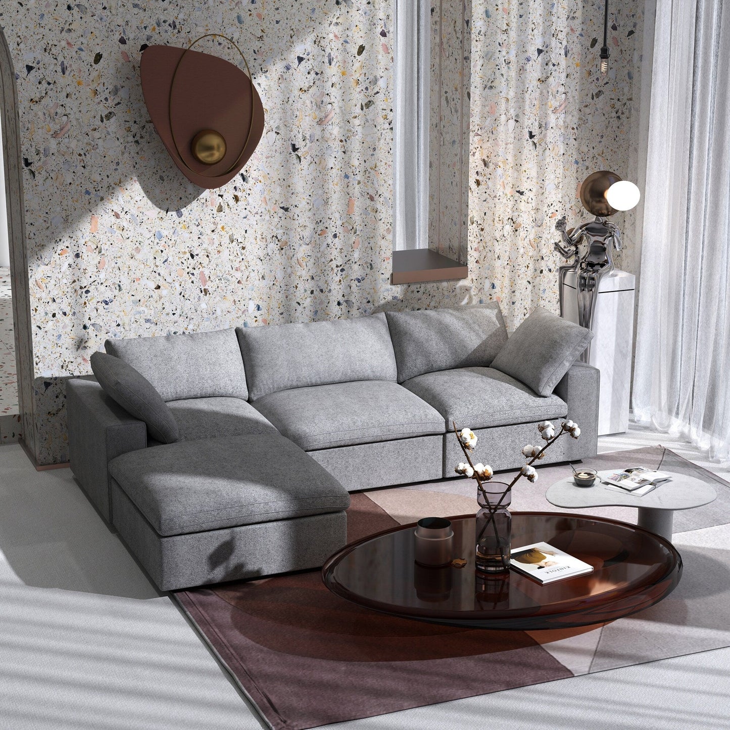 Divano moderno minimalista imbottito, divano componibile modulare imbottito in piuma, divano Cloud.