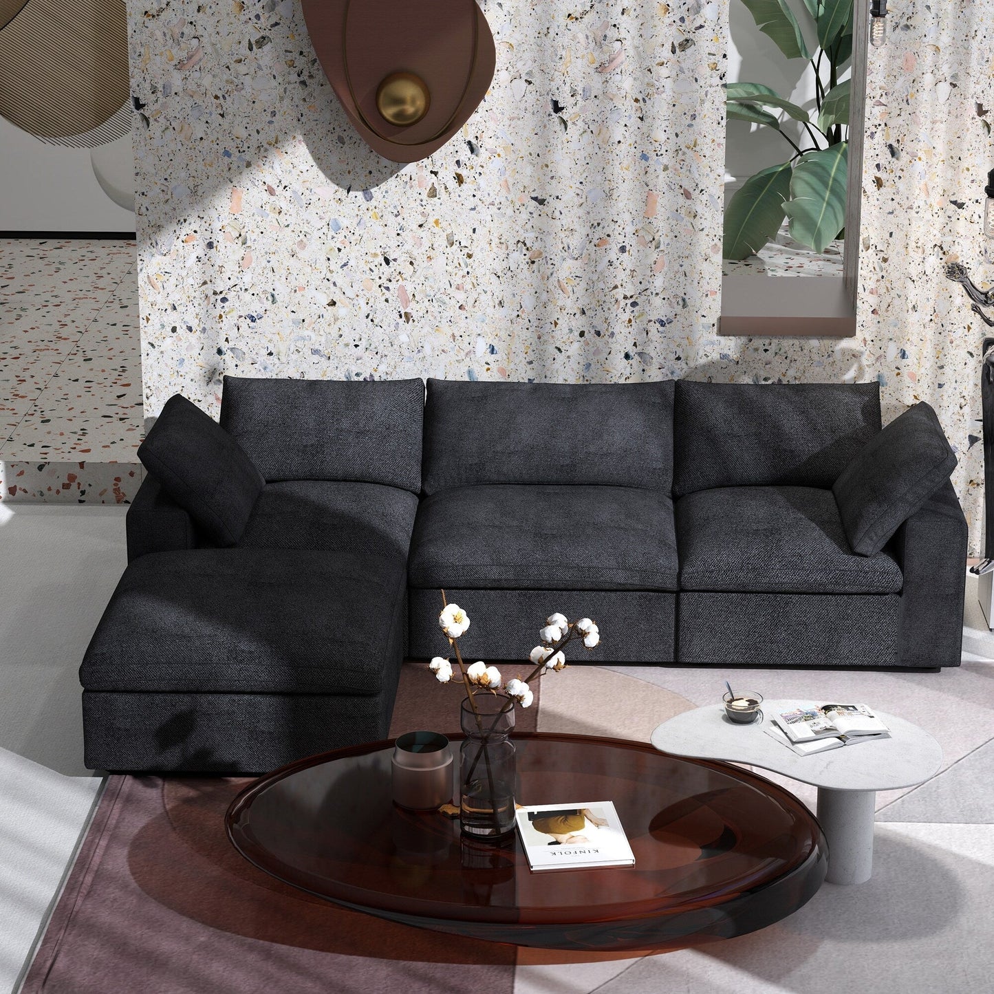 Divano moderno minimalista imbottito, divano componibile modulare imbottito in piuma, divano Cloud.