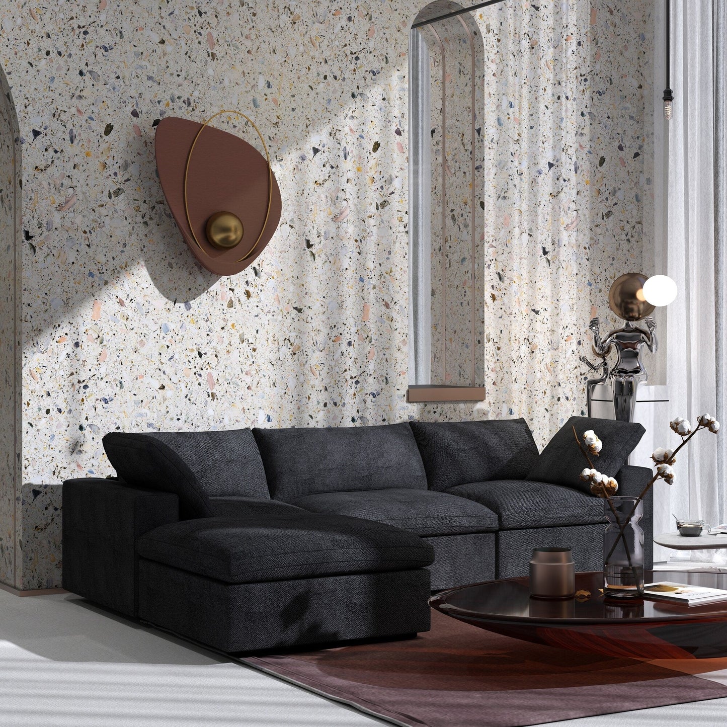 Divano moderno minimalista imbottito, divano componibile modulare imbottito in piuma, divano Cloud.