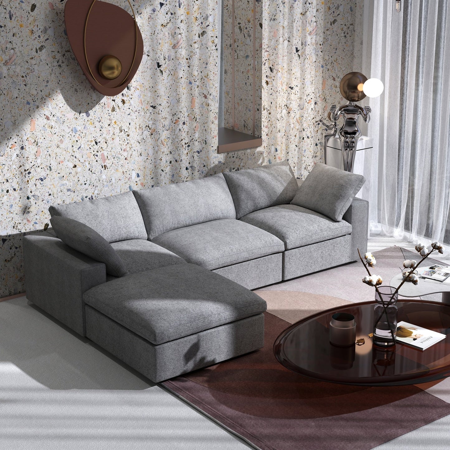 Divano moderno minimalista imbottito, divano componibile modulare imbottito in piuma, divano Cloud.