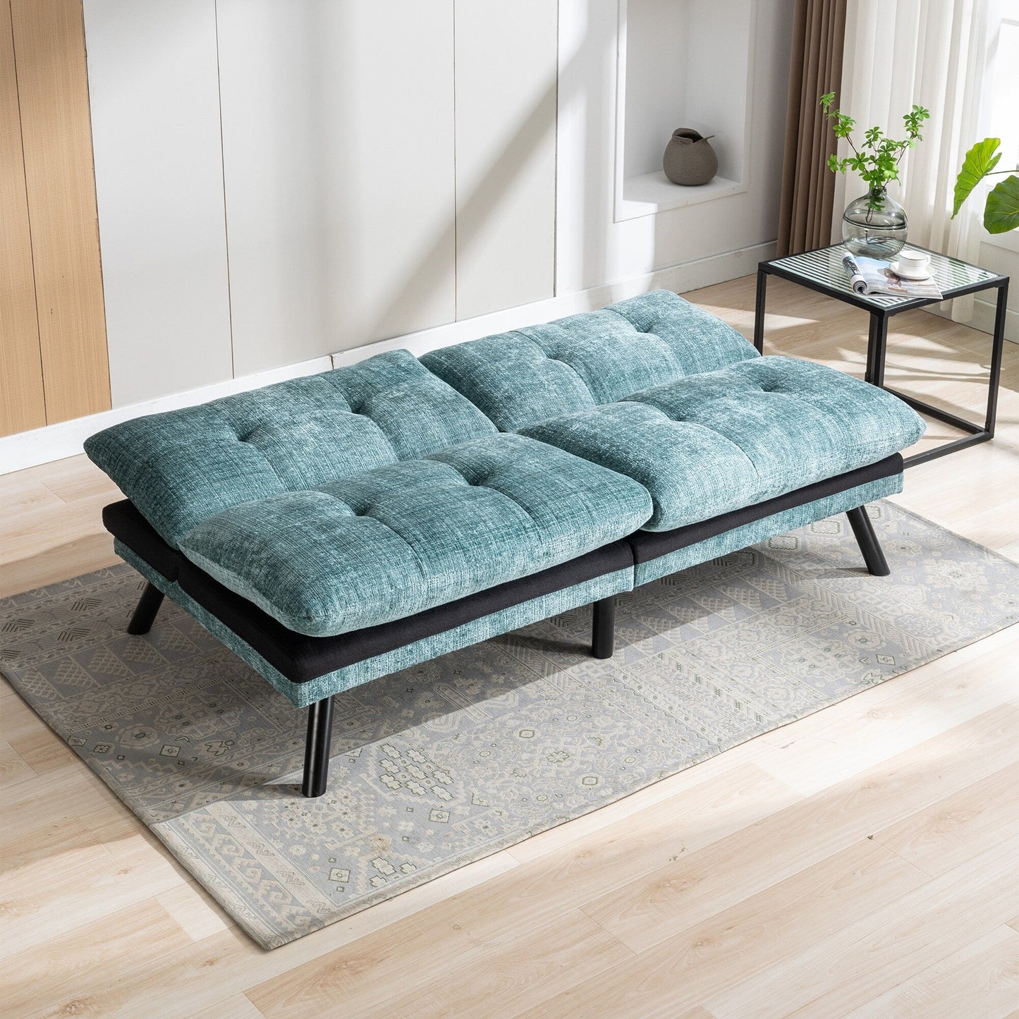 Divano letto futon convertibile in ciniglia verde menta