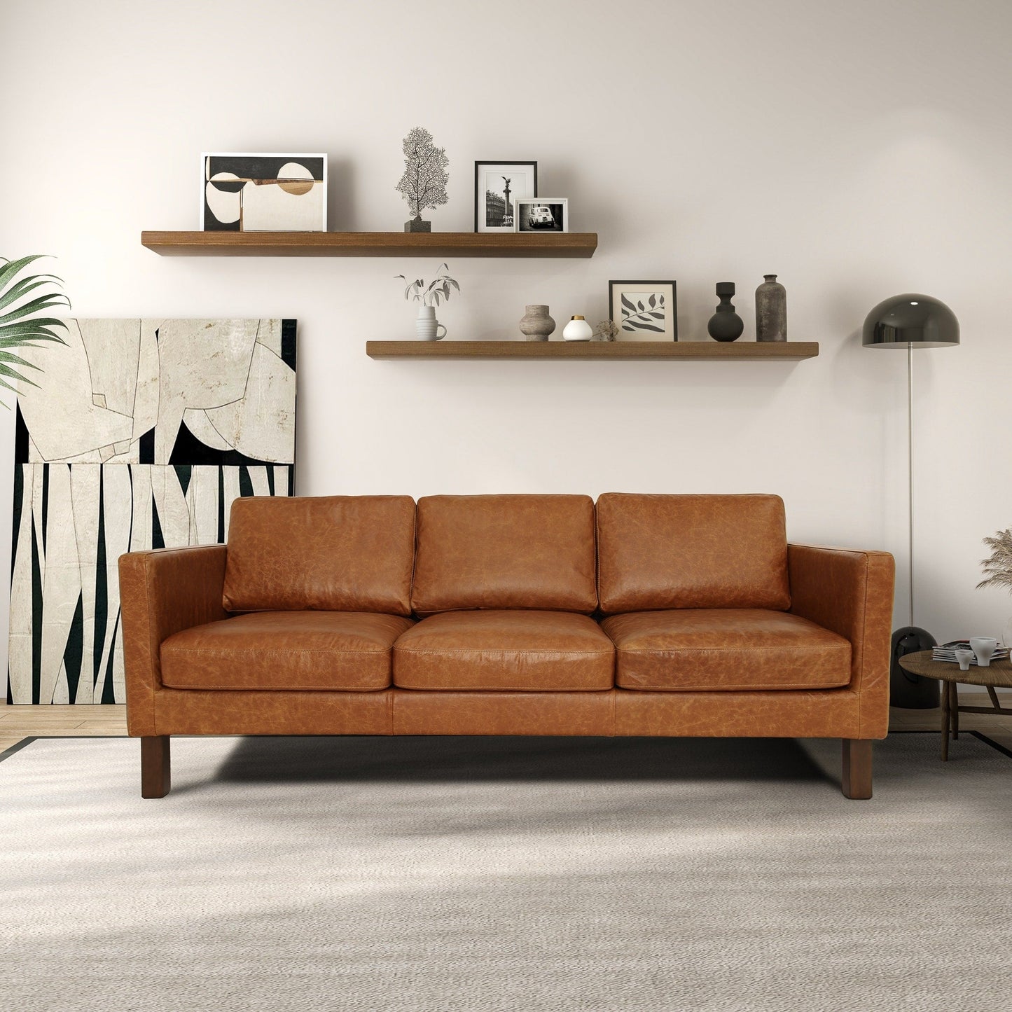 Divano Mira Mid-Century Modern confortevole in vera pelle