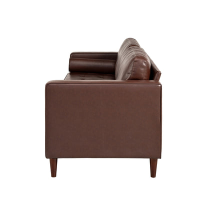 Divano Mirod Mid-Century Modern a 3 posti in pelle PU, design capitonné, gambe in legno massello, 2 cuscini di supporto