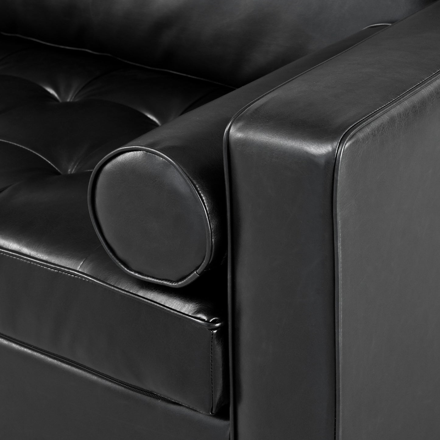 Divano Mirod Mid-Century Modern a 3 posti in pelle PU, design capitonné, gambe in legno massello, 2 cuscini di supporto