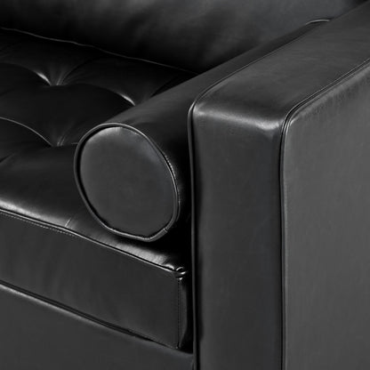 Divano Mirod Mid-Century Modern a 3 posti in pelle PU, design capitonné, gambe in legno massello, 2 cuscini di supporto