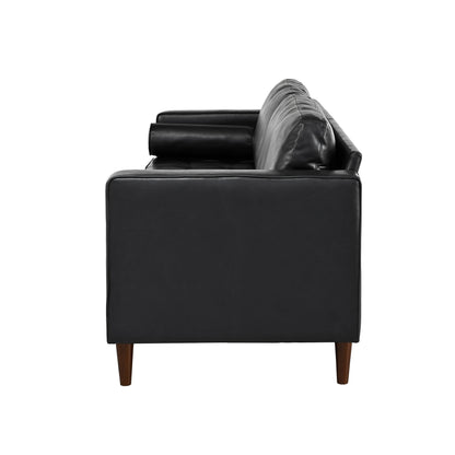 Divano Mirod Mid-Century Modern a 3 posti in pelle PU, design capitonné, gambe in legno massello, 2 cuscini di supporto