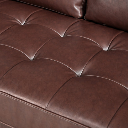 Divano Mirod Mid-Century Modern a 3 posti in pelle PU, design capitonné, gambe in legno massello, 2 cuscini di supporto