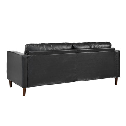 Divano Mirod Mid-Century Modern a 3 posti in pelle PU, design capitonné, gambe in legno massello, 2 cuscini di supporto