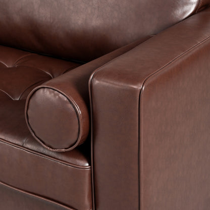 Divano Mirod Mid-Century Modern a 3 posti in pelle PU, design capitonné, gambe in legno massello, 2 cuscini di supporto