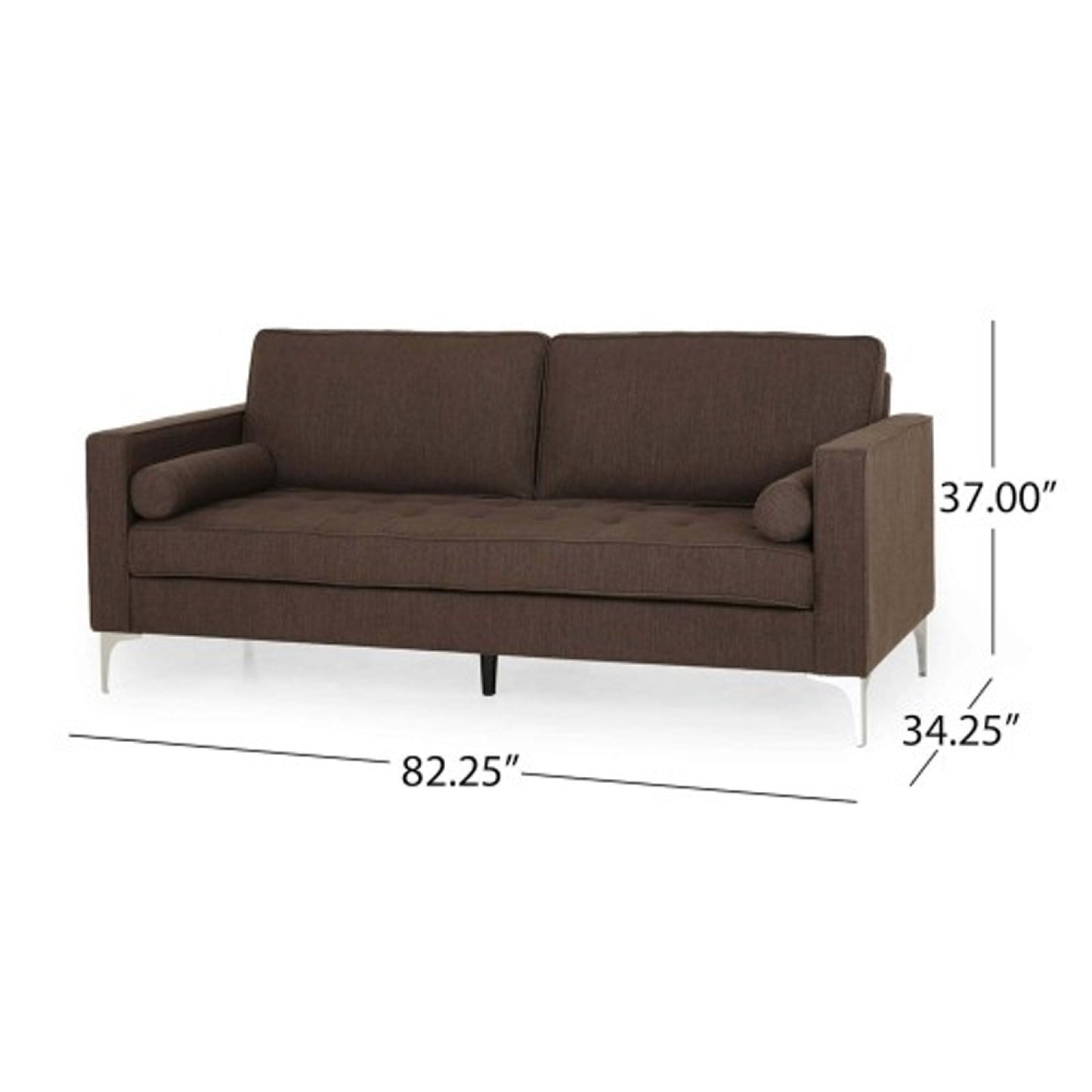 Divano Miry a 3 posti, 2 cuscini a rullo, gambe argentate, poliestere marrone