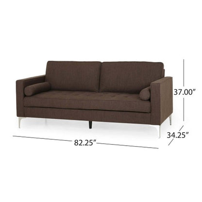 Divano Miry a 3 posti, 2 cuscini a rullo, gambe argentate, poliestere marrone