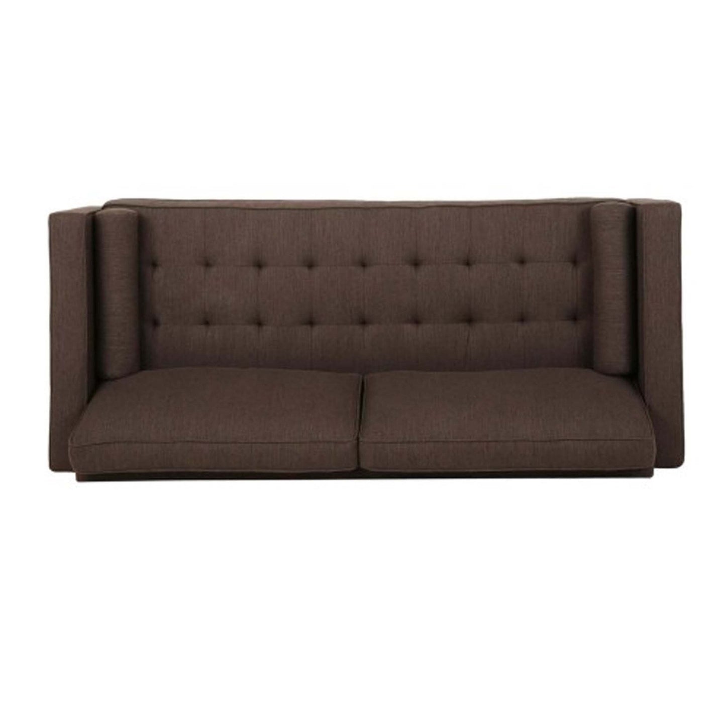 Divano Miry a 3 posti, 2 cuscini a rullo, gambe argentate, poliestere marrone