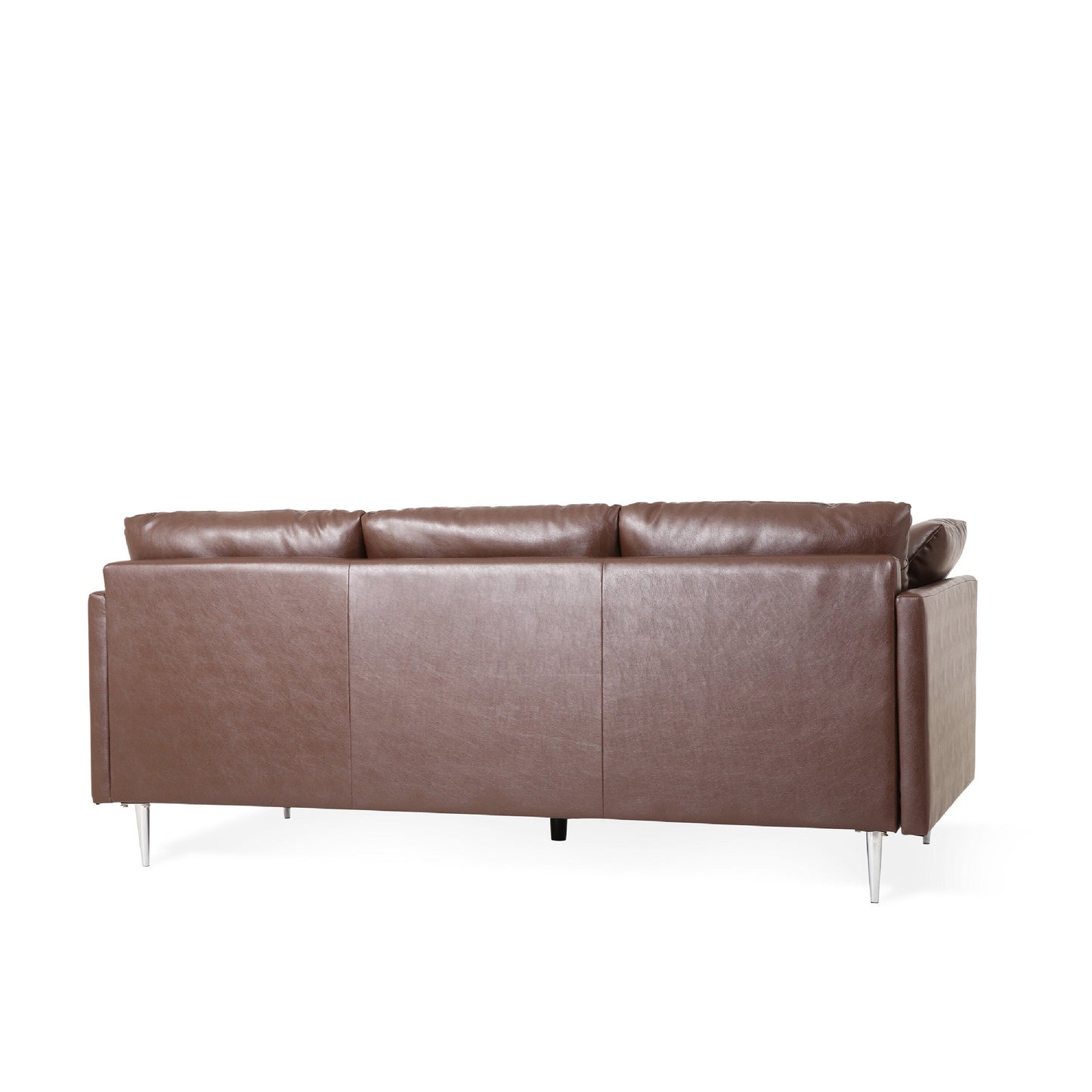 Divano Miry a 3 posti, 4 cuscini decorativi, morbida similpelle marrone scuro