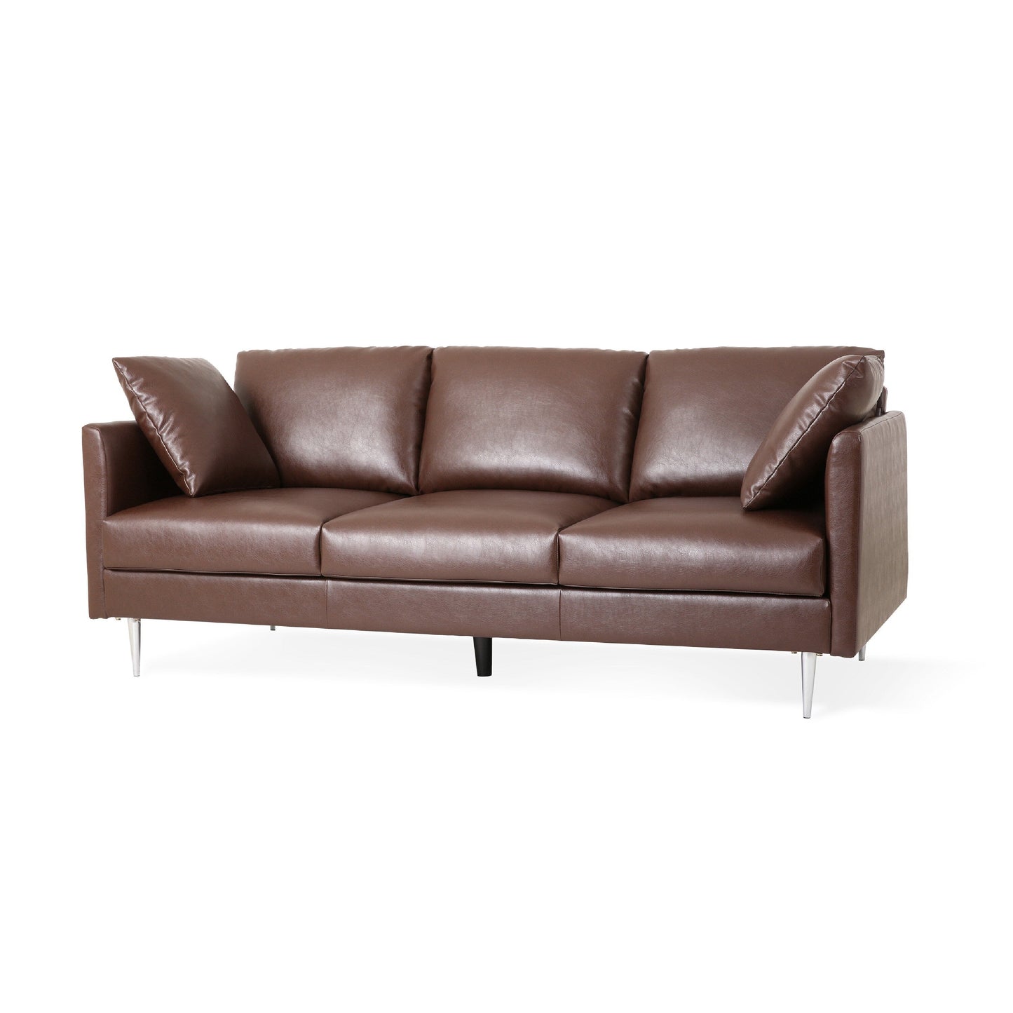 Divano Miry a 3 posti, 4 cuscini decorativi, morbida similpelle marrone scuro