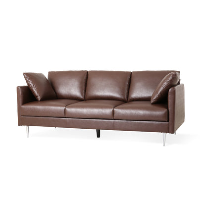 Divano Miry a 3 posti, 4 cuscini decorativi, morbida similpelle marrone scuro