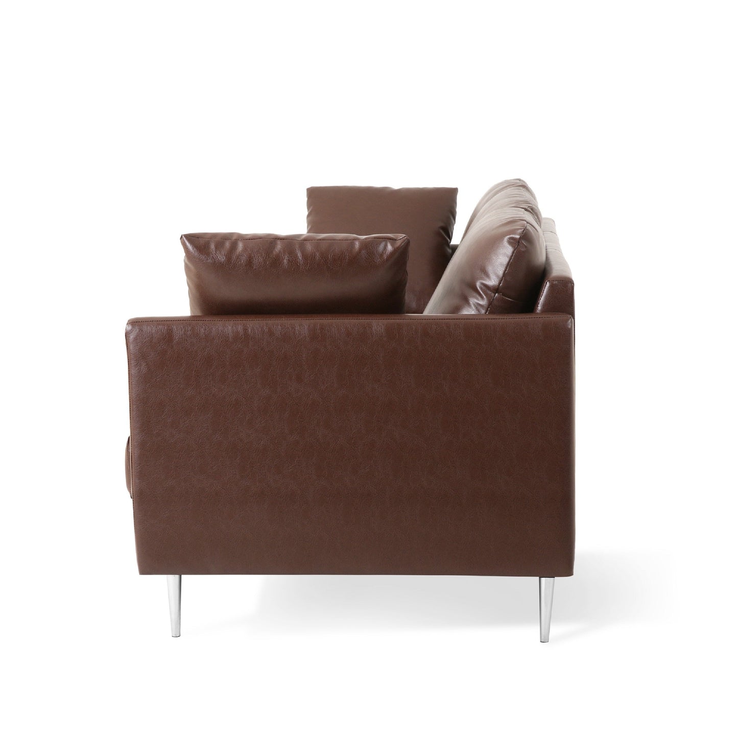 Divano Miry a 3 posti, 4 cuscini decorativi, morbida similpelle marrone scuro