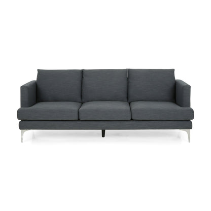 Divano Miry a 3 posti, gambe in metallo argentato, poliestere testurizzato grigio scuro