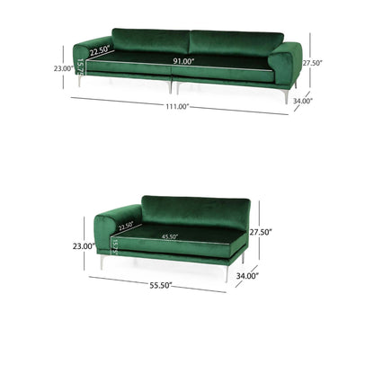 Divano Miry a 4 posti, gambe argentate contemporanee, velluto verde smeraldo
