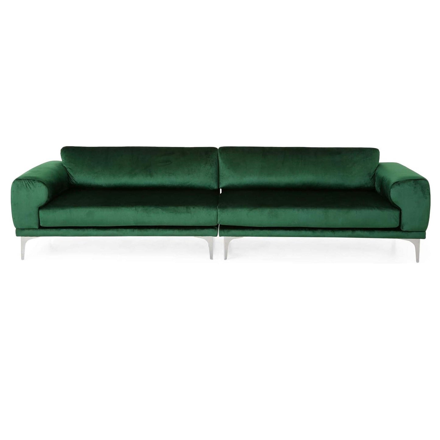 Divano Miry a 4 posti, gambe argentate contemporanee, velluto verde smeraldo