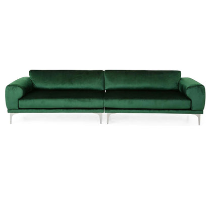 Divano Miry a 4 posti, gambe argentate contemporanee, velluto verde smeraldo