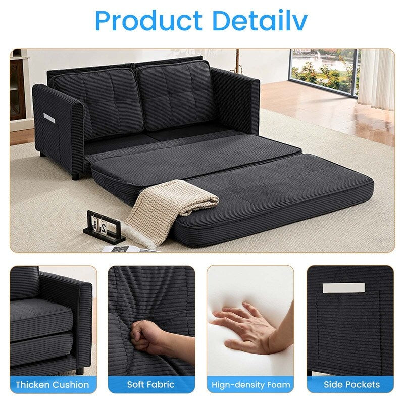 Divano letto futon trasformabile 3 in 1 Mixoy, divano letto pieghevole con trapuntatura e tasche laterali