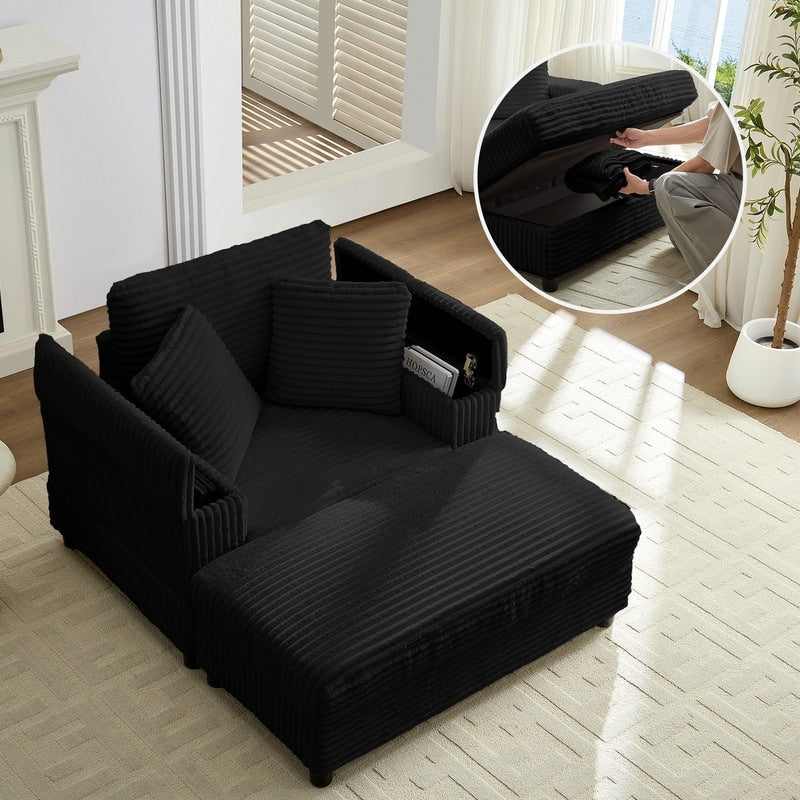 Poltrona chaise longue in velluto a coste Mixoy da 42'' con pouf contenitore e braccioli, poltrona reclinabile imbottita