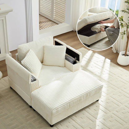 Poltrona chaise longue in velluto a coste Mixoy da 42'' con pouf contenitore e braccioli, poltrona reclinabile imbottita