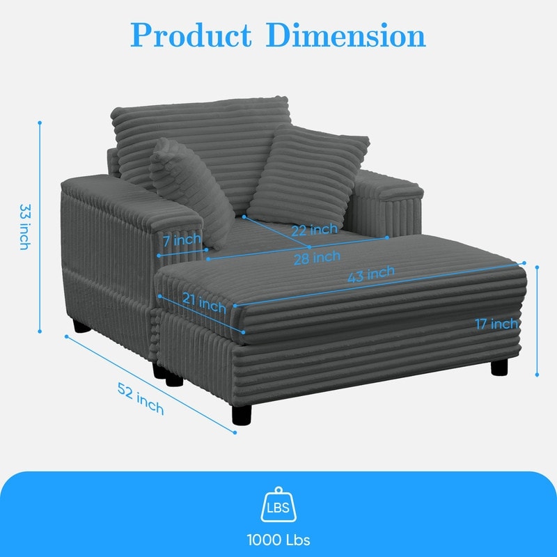 Poltrona chaise longue in velluto a coste Mixoy da 42'' con pouf contenitore e braccioli, poltrona reclinabile imbottita