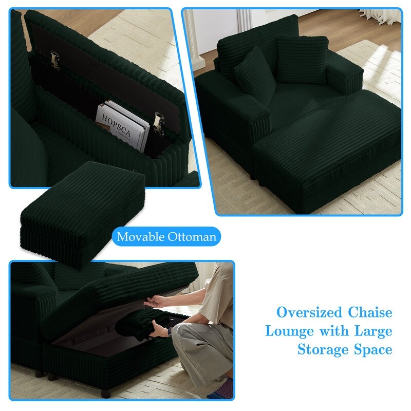 Poltrona chaise longue in velluto a coste Mixoy da 42'' con pouf contenitore e braccioli, poltrona reclinabile imbottita