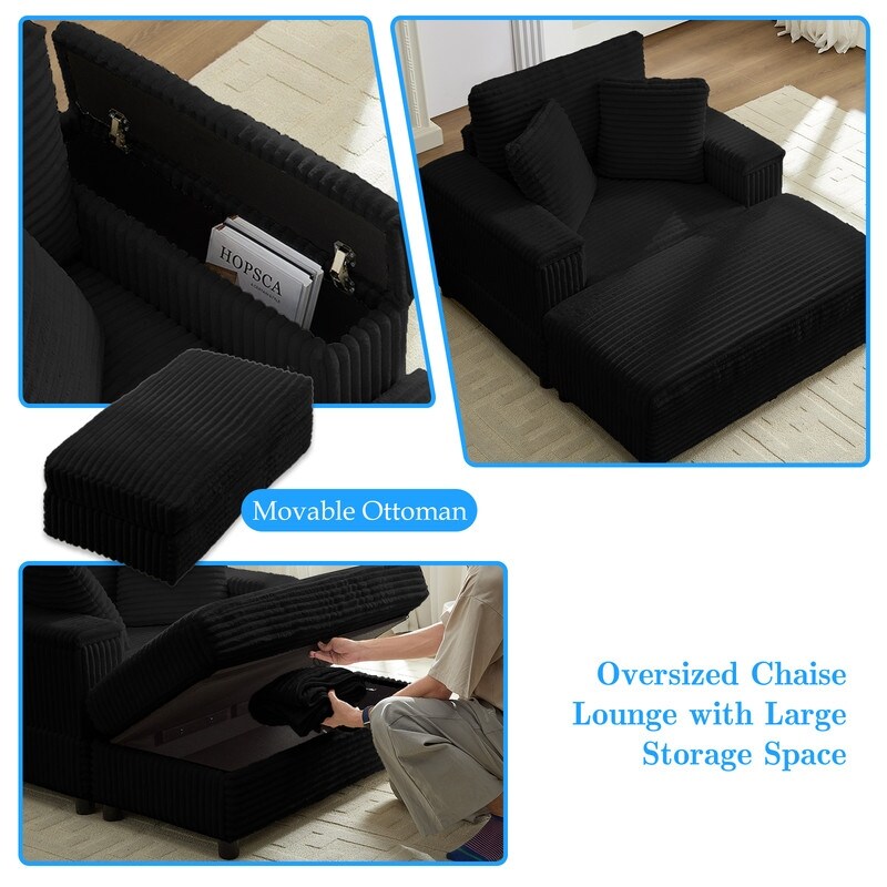 Poltrona chaise longue in velluto a coste Mixoy da 42'' con pouf contenitore e braccioli, poltrona reclinabile imbottita