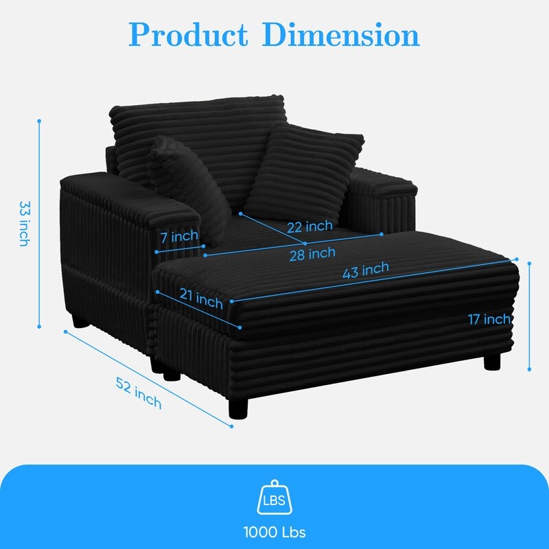 Poltrona chaise longue in velluto a coste Mixoy da 42'' con pouf contenitore e braccioli, poltrona reclinabile imbottita