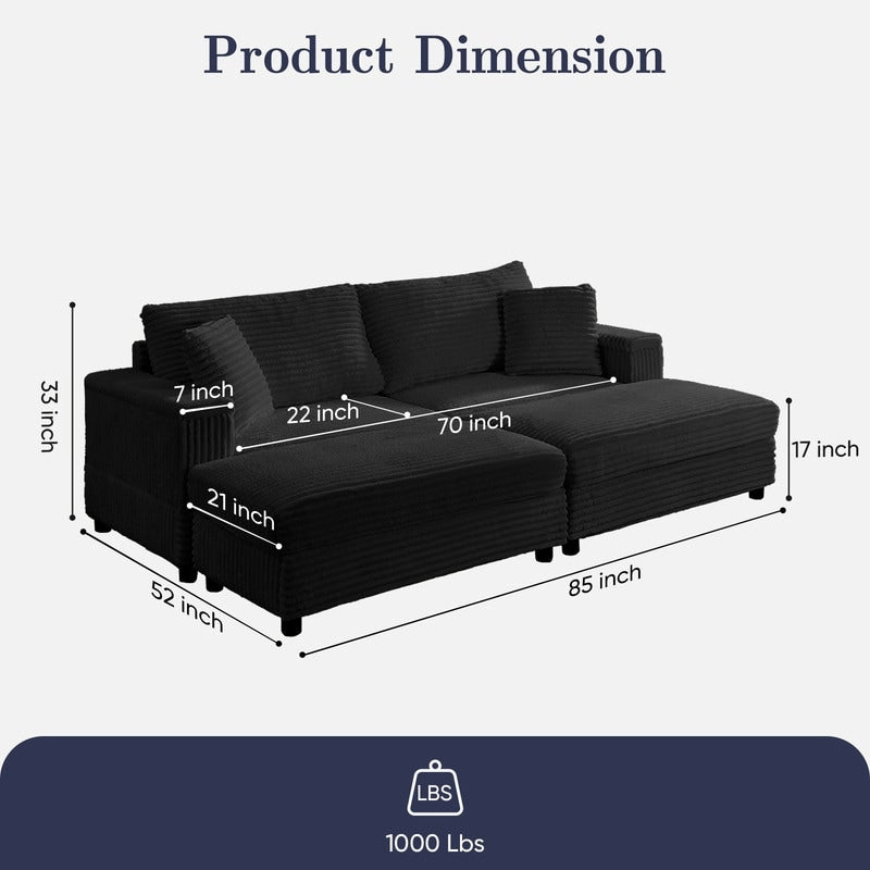 Divano a due posti in velluto a coste Mixoy da 85'' con chaise longue con contenitore e braccioli, poltrona reclinabile imbottita a 2 posti per interni
